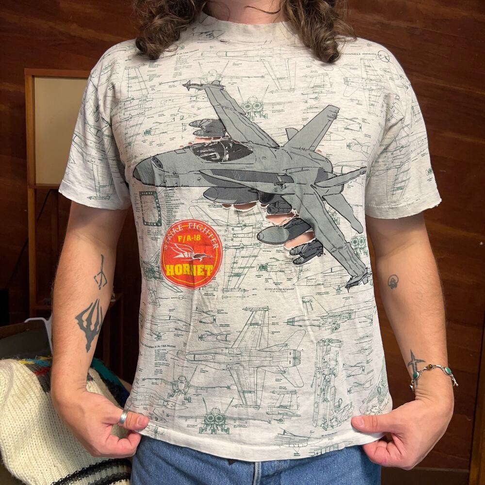 VINTAGE 90s Thrashed Fighter Jet AOP T-Shirt Size L Distressed Graphic Tee